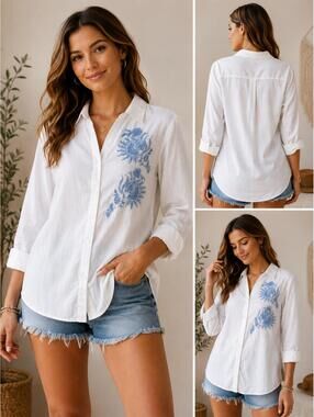 Elliott Lauren White Cotton Button-Up‎ Shirt with Blue Floral Embroidery, Size S